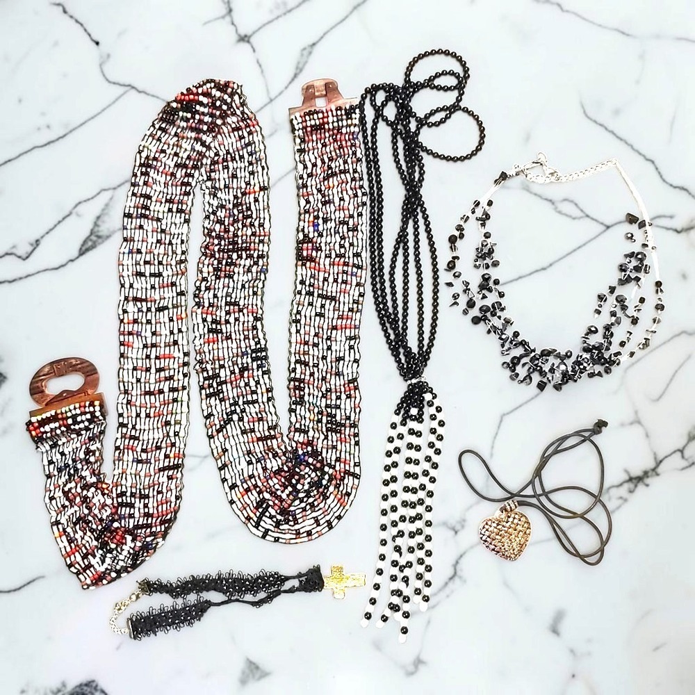 VTG 90s Beaded Jewelry Lot 5pc Belt Necklace Choker Heart Cross Boho Eclectic Mx